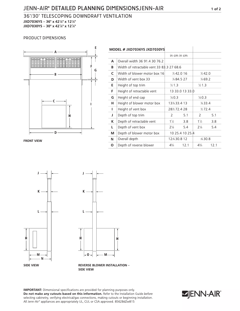 Página 1 del manual Dibujo técnico JennAir JXD7030YS