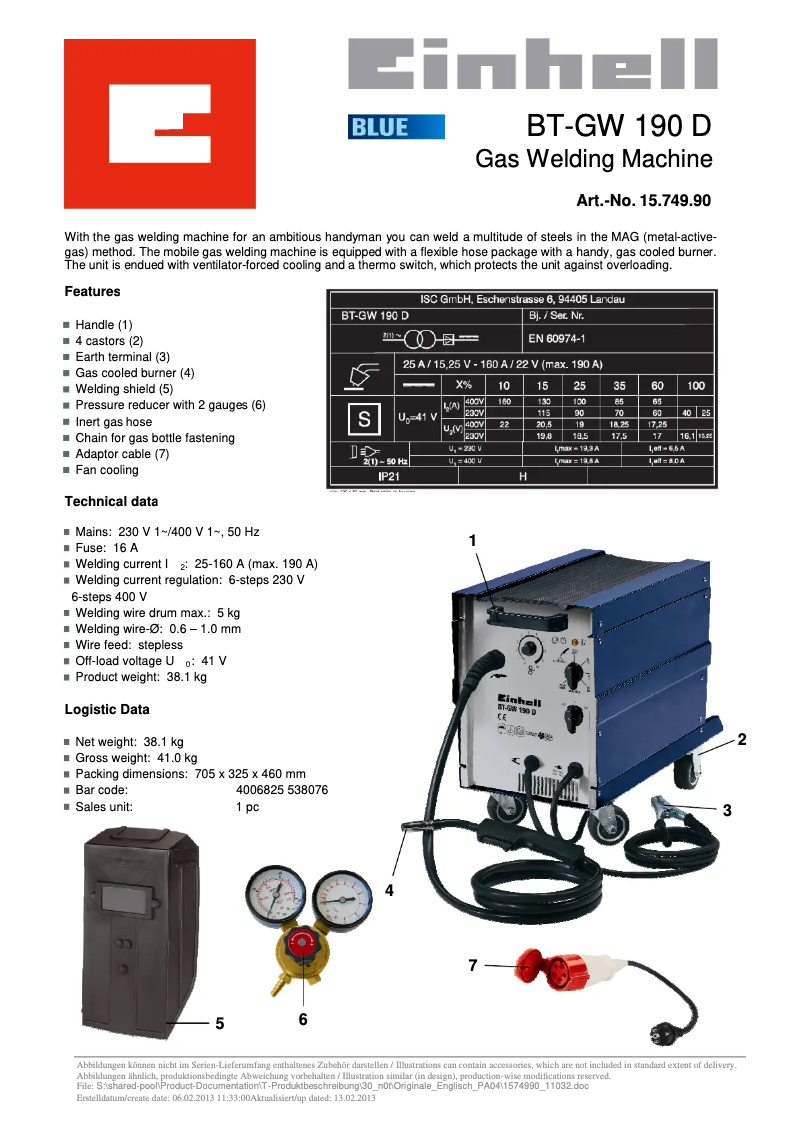 Page 1 de la notice Fiche technique Einhell BT-GW 190 D Set