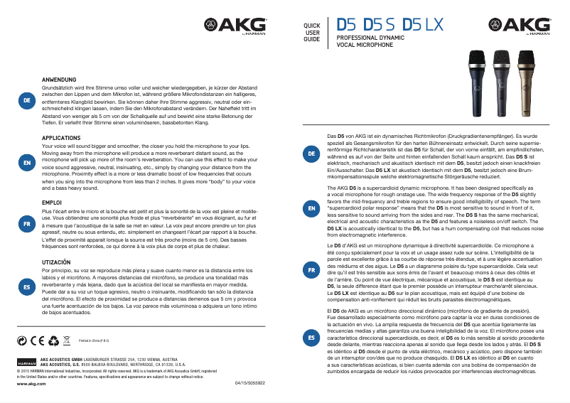 Page 1 de la notice Manuel utilisateur AKG D5 LX