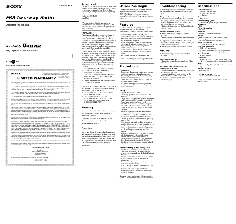 Page 1 de la notice Manuel utilisateur Sony ICB-U655