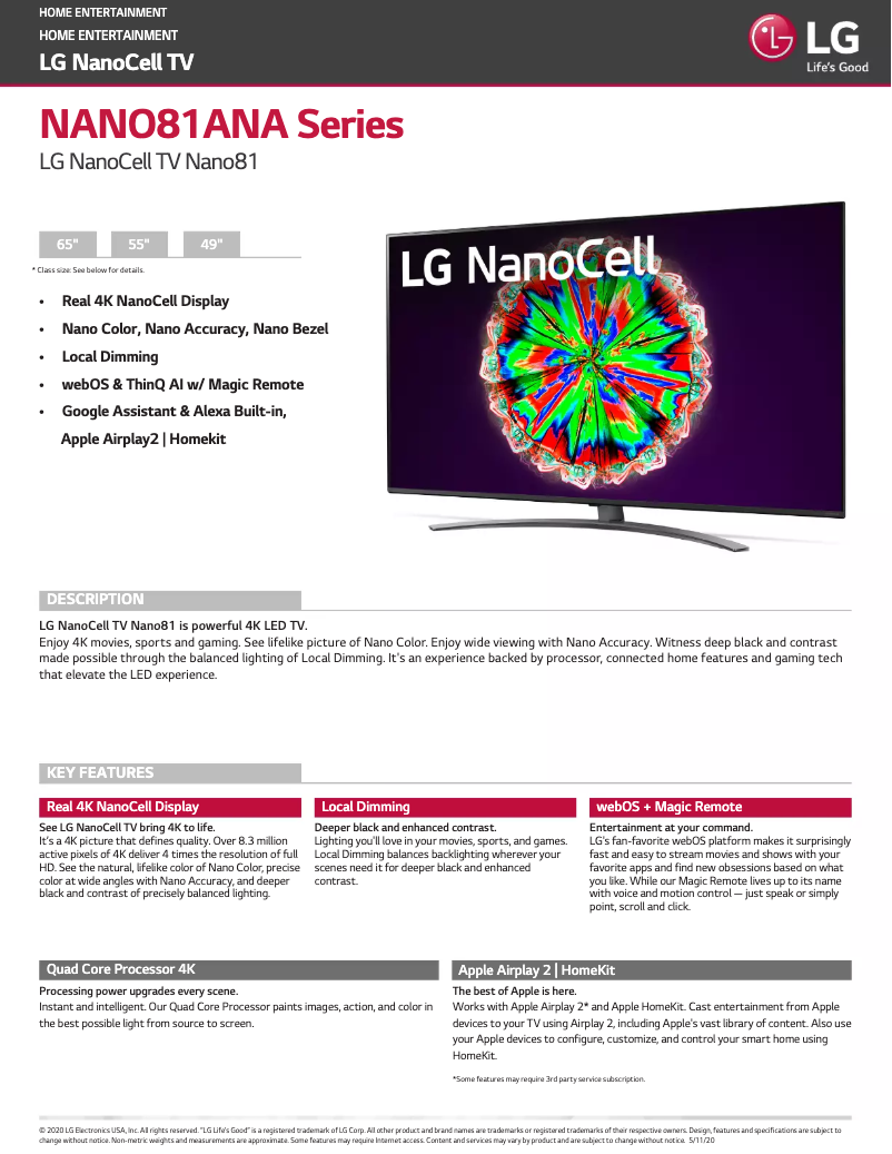 Page 1 de la notice Fiche technique LG 55NANO90UNA