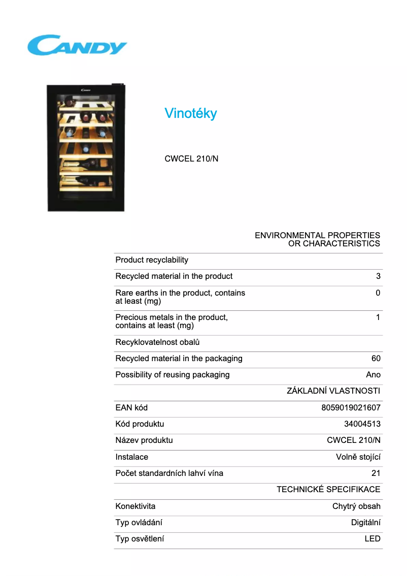 Page 1 de la notice Fiche technique Candy CWCEL 210/N
