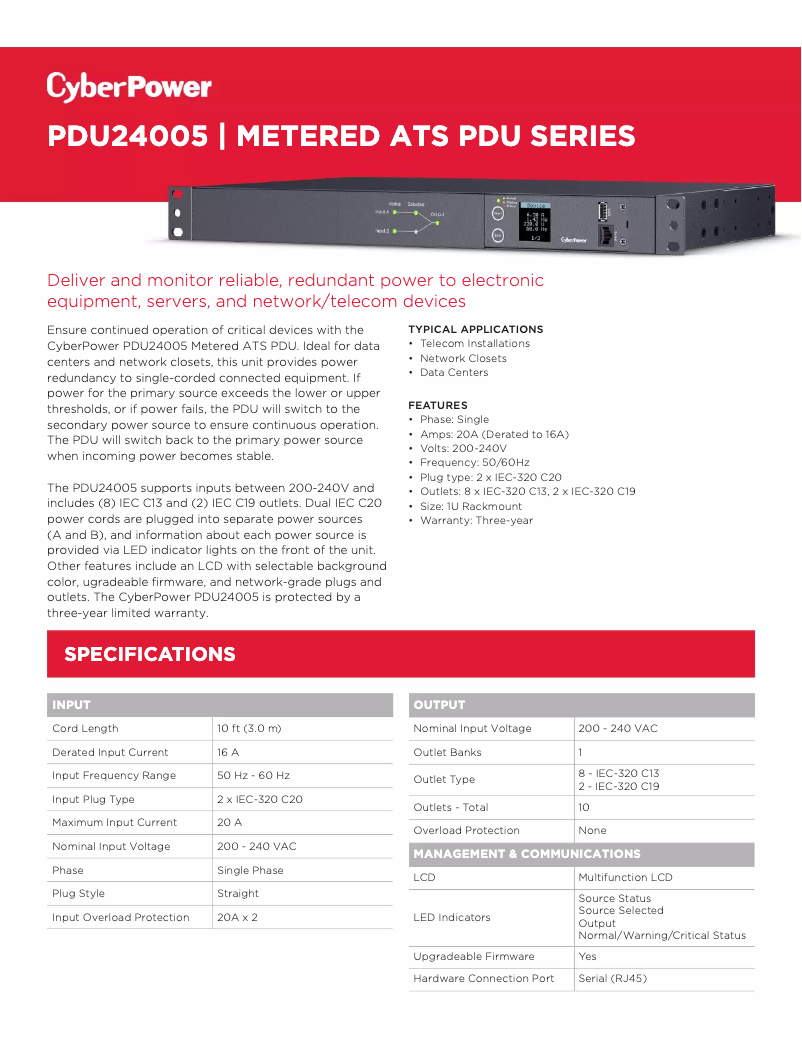 Page 1 de la notice Fiche technique CyberPower PDU24005