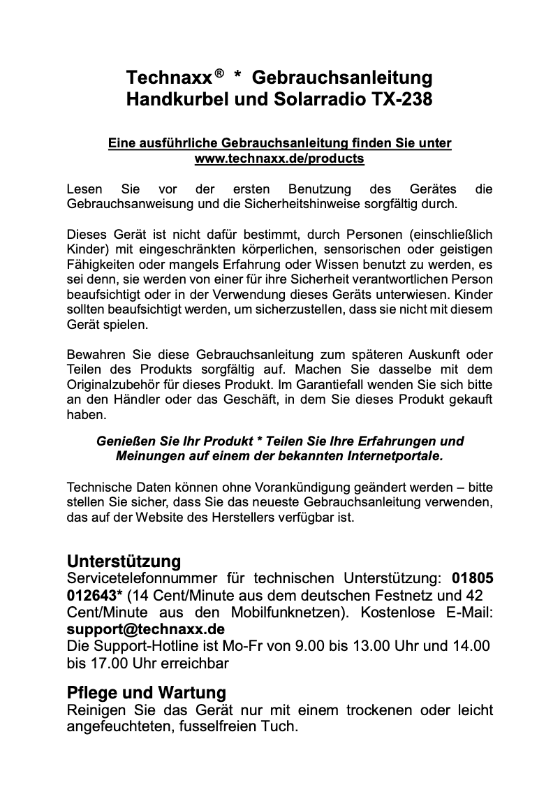 Page 1 de la notice Manuel utilisateur Technaxx TX-238