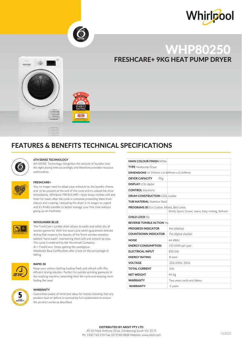 Page n°1 - Fiche technique Whirlpool WHP80250