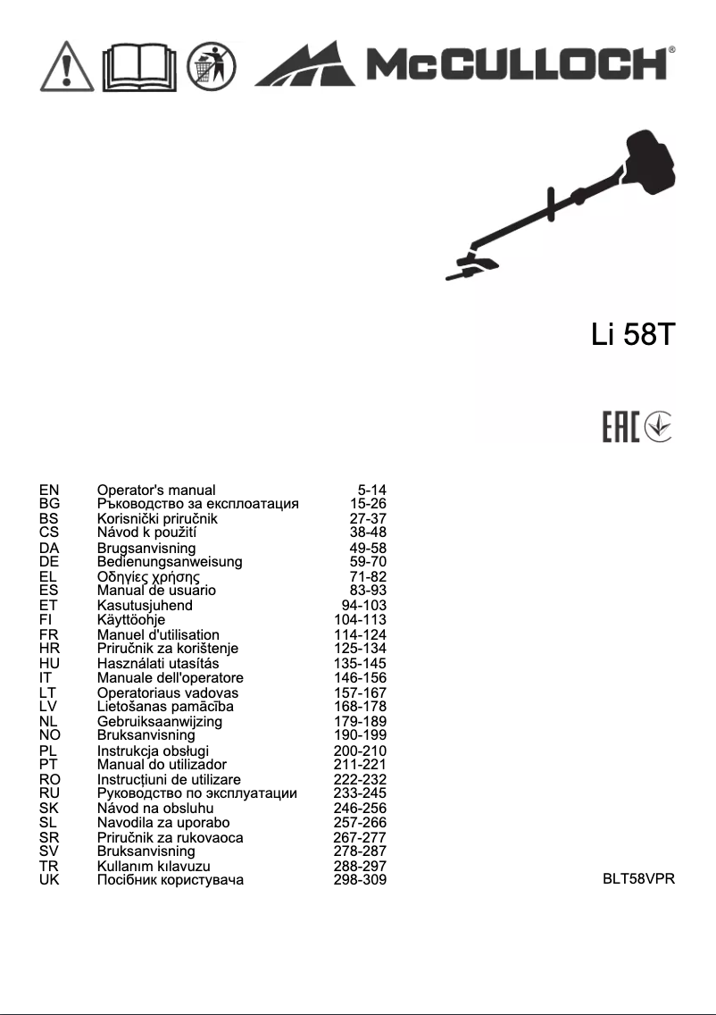 Page 1 de la notice Manuel utilisateur McCulloch Li-58T