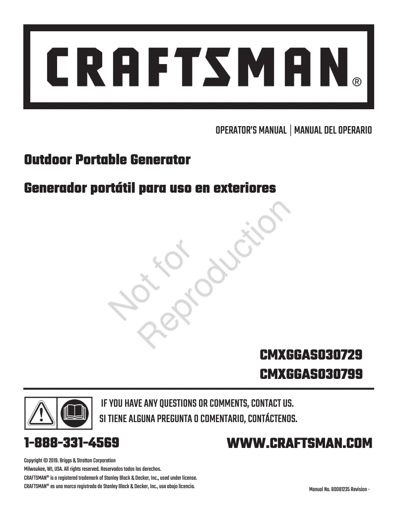 Page n°1 - Manuel utilisateur Craftsman CMXGGAS030799