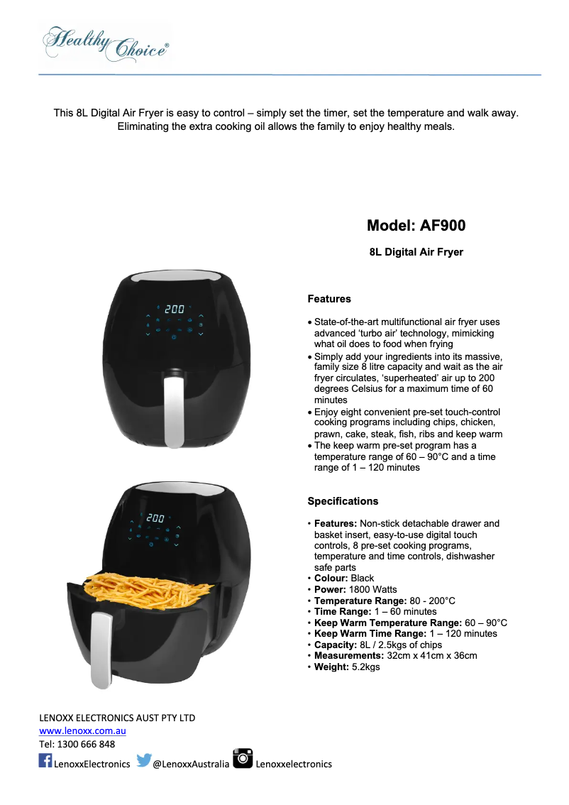 Page n°1 - Fiche technique Lenoxx Healthy Choice AF900