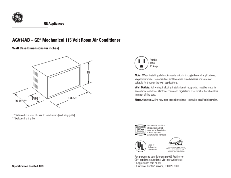 Page n°1 - Fiche technique GE AGV14AB