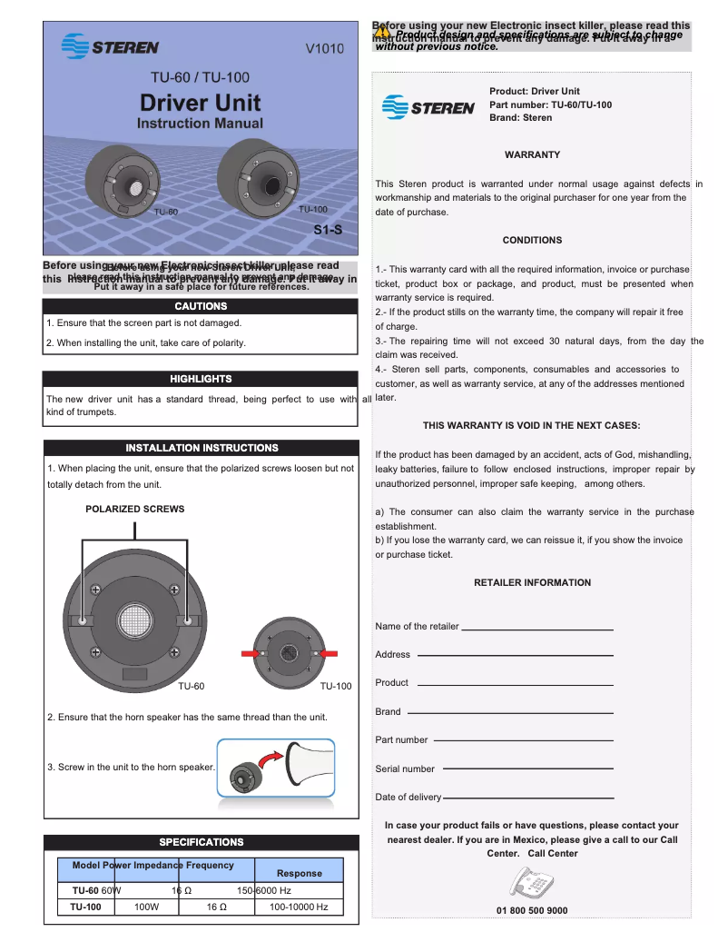 Image de la première page du manuel de l'appareil TU-100