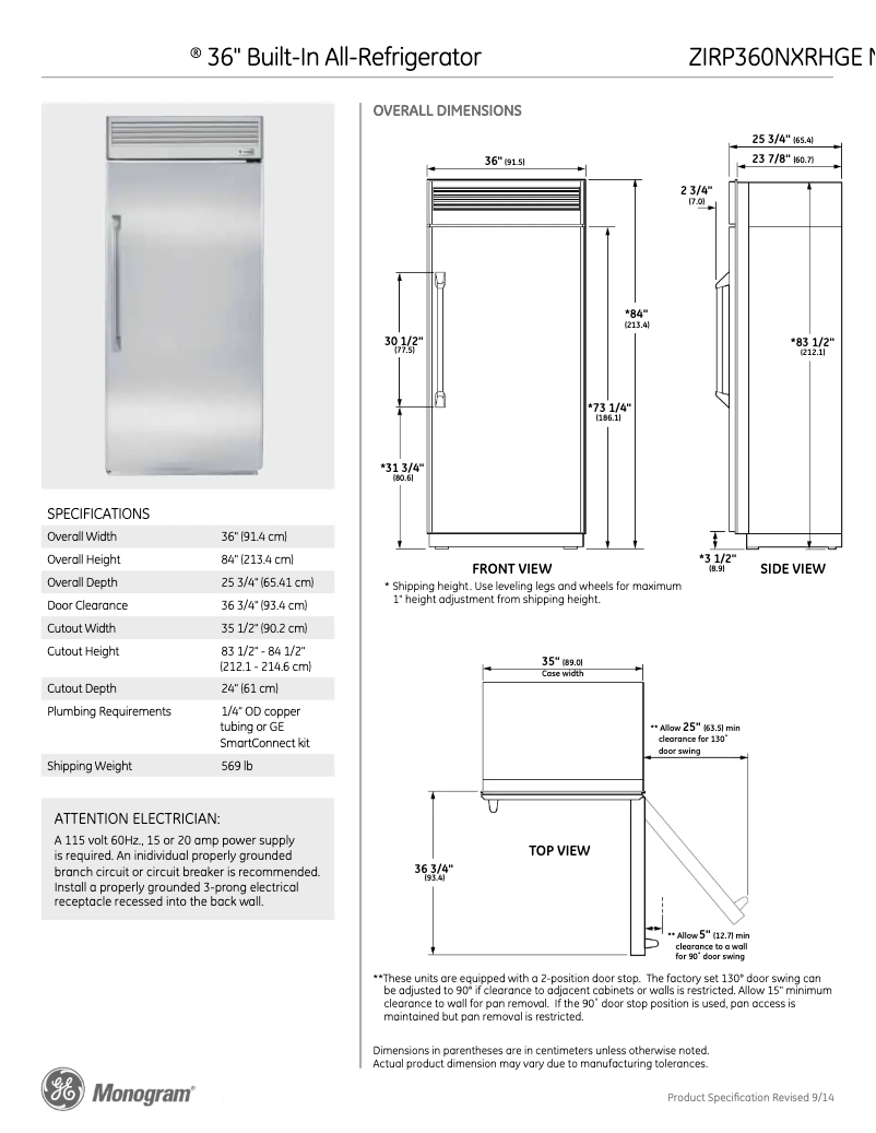 Page n°1 - Fiche technique GE ZIRP360NXRH