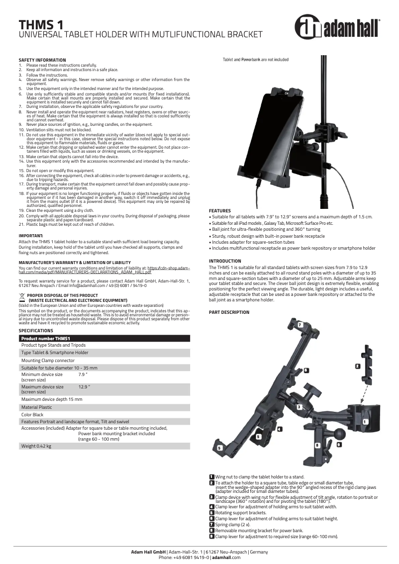 Page 1 de la notice Manuel utilisateur Adam Hall THMS1