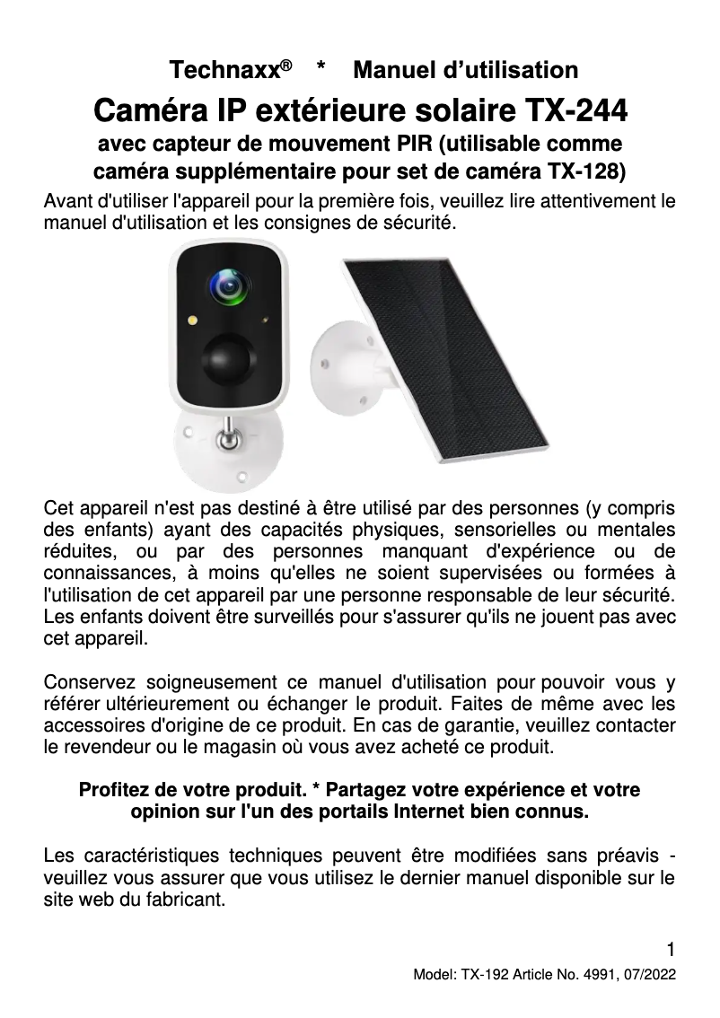 Page 1 de la notice Manuel utilisateur Technaxx TX-244