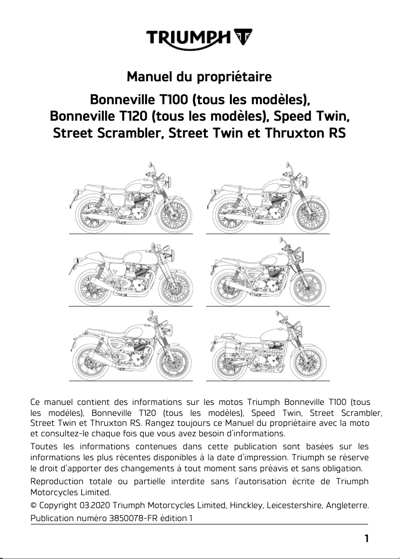 Image de la première page du manuel de l'appareil Bonneville T120 Bud Ekins (2020)