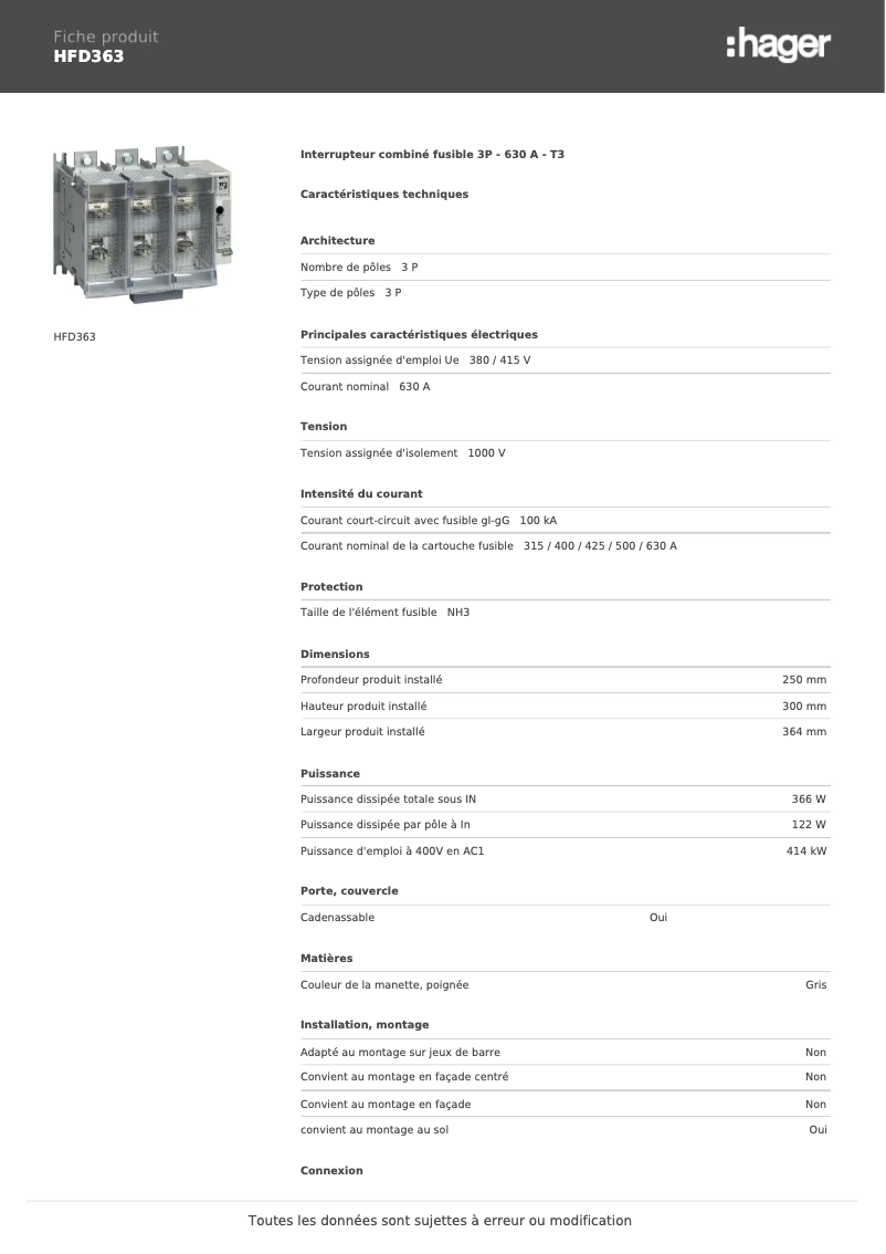 Page n°1 - Fiche technique Hager HFD363