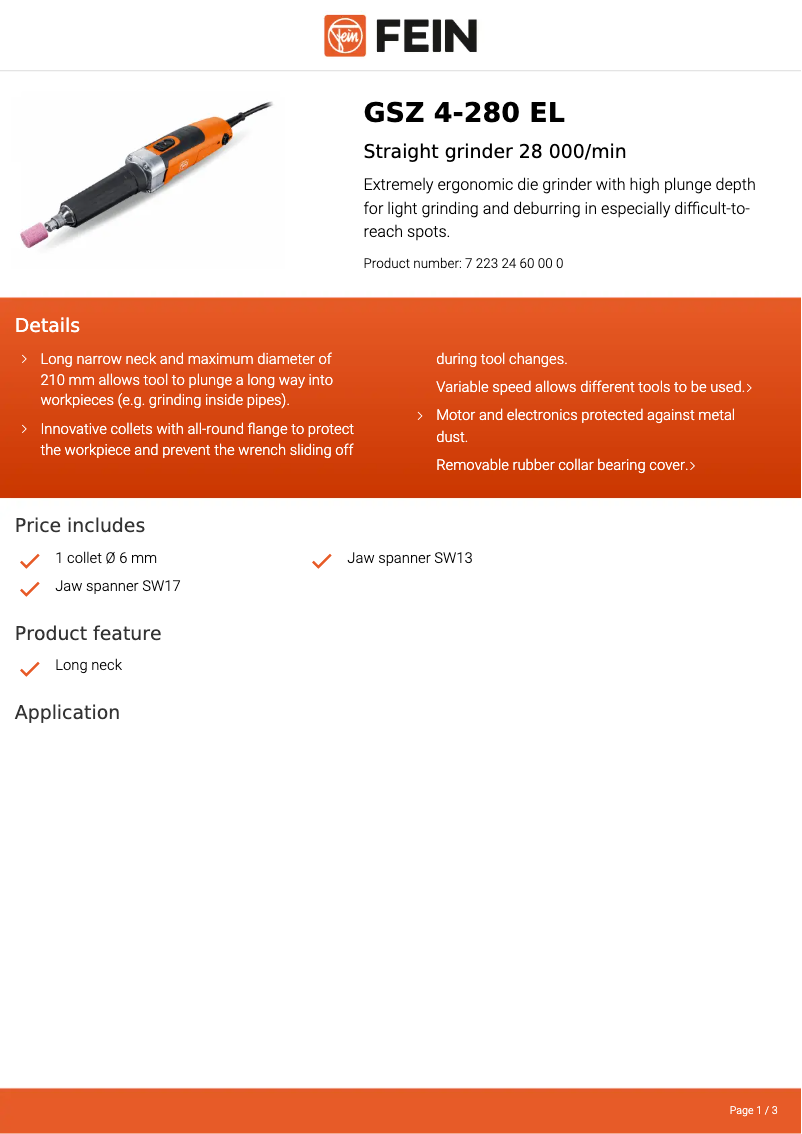 Page 1 de la notice Fiche technique Fein GSZ 4-280 EL