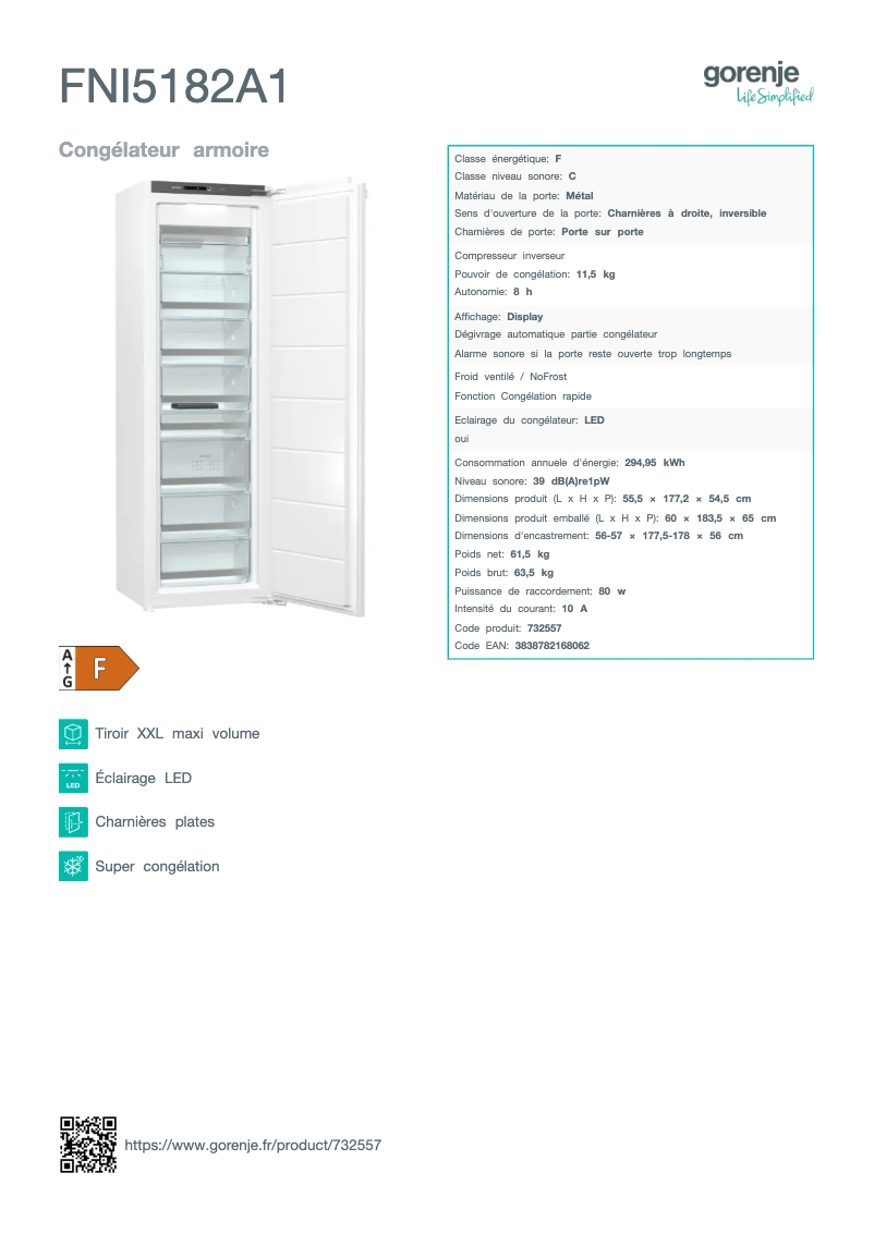 Page 1 de la notice Fiche technique Gorenje FNI5182A1