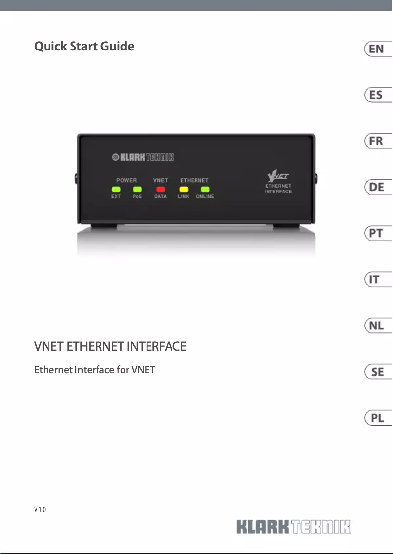 Page n°1 - Guide de démarrage rapide Klark Teknik Vnet Ethernet Interface
