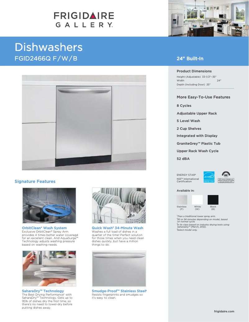 Page 1 de la notice Fiche technique Frigidaire FGID2466Q