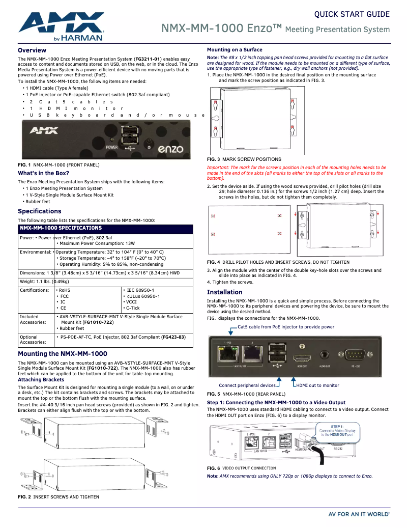 Page 1 de la notice Guide de démarrage rapide AMX Enzo NMX-MM-1000