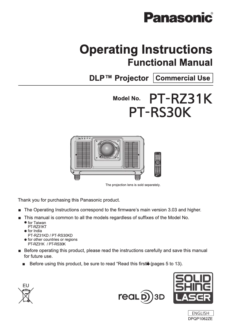 Page 1 de la notice Manuel utilisateur Panasonic PT-RZ31KU