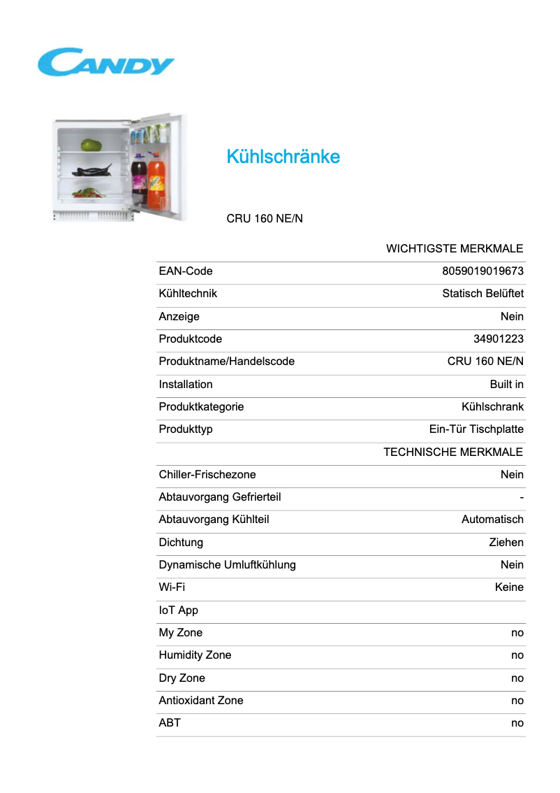 Page 1 de la notice Fiche technique Candy CRU 160 NE/N