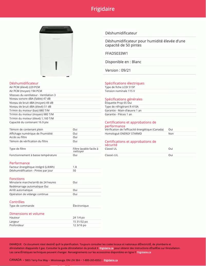Page 1 de la notice Fiche technique Frigidaire FFAD5033W1