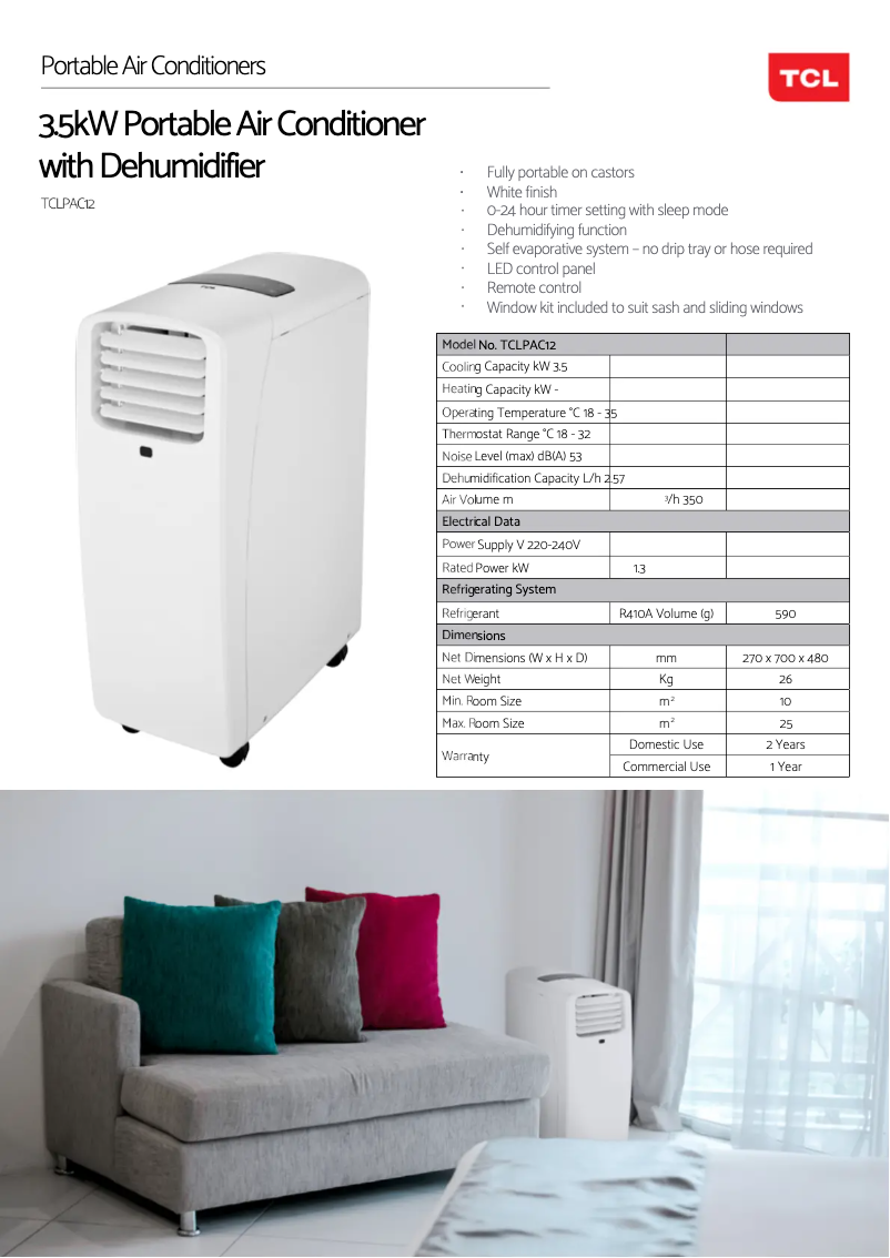 Page 1 of the manual Technical Sheet TCL TCLPAC12