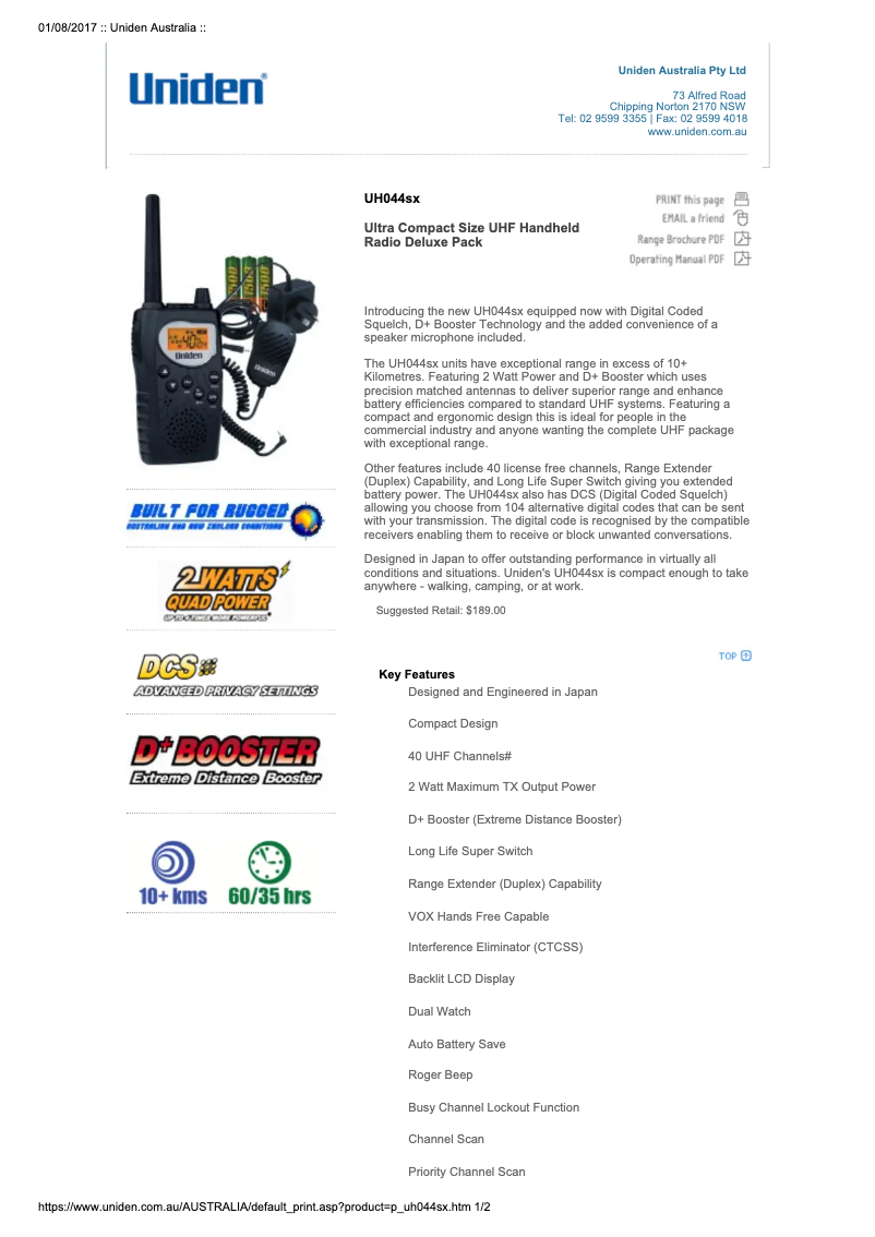 Page 1 de la notice Manuel utilisateur Uniden UH044SX