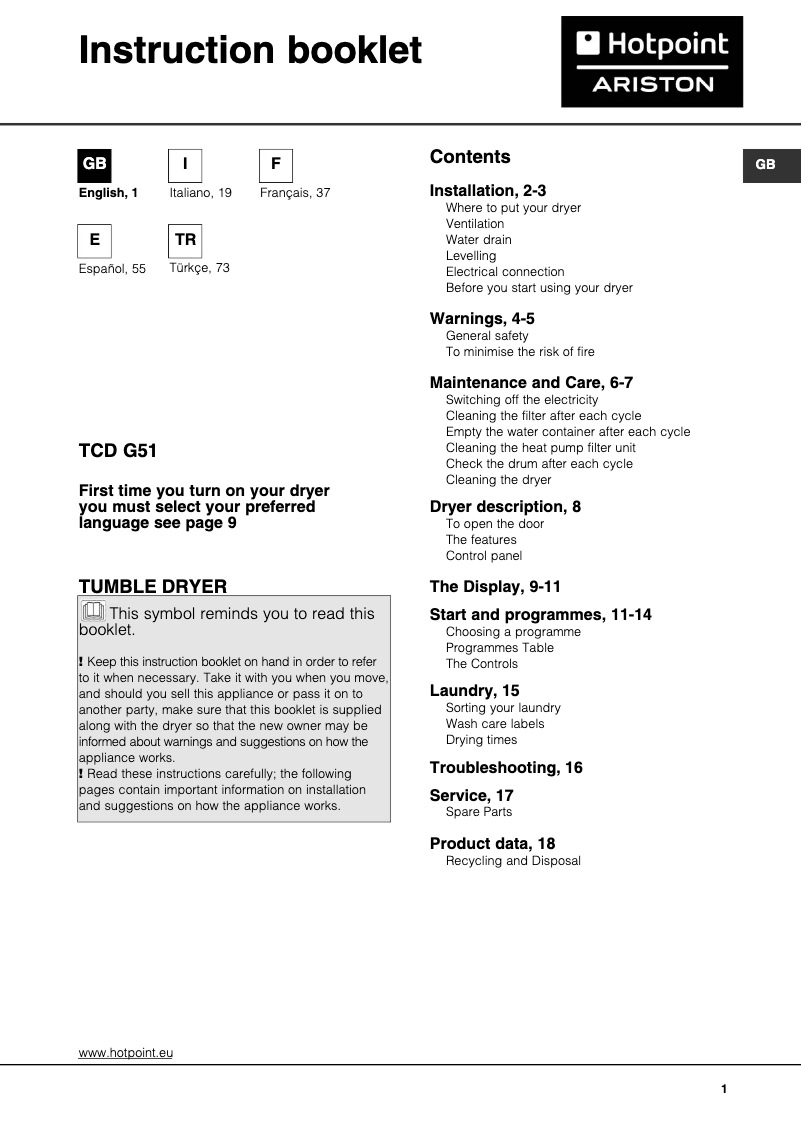 Page 1 de la notice Manuel utilisateur Hotpoint Ariston TCD G51 XB K (EU)