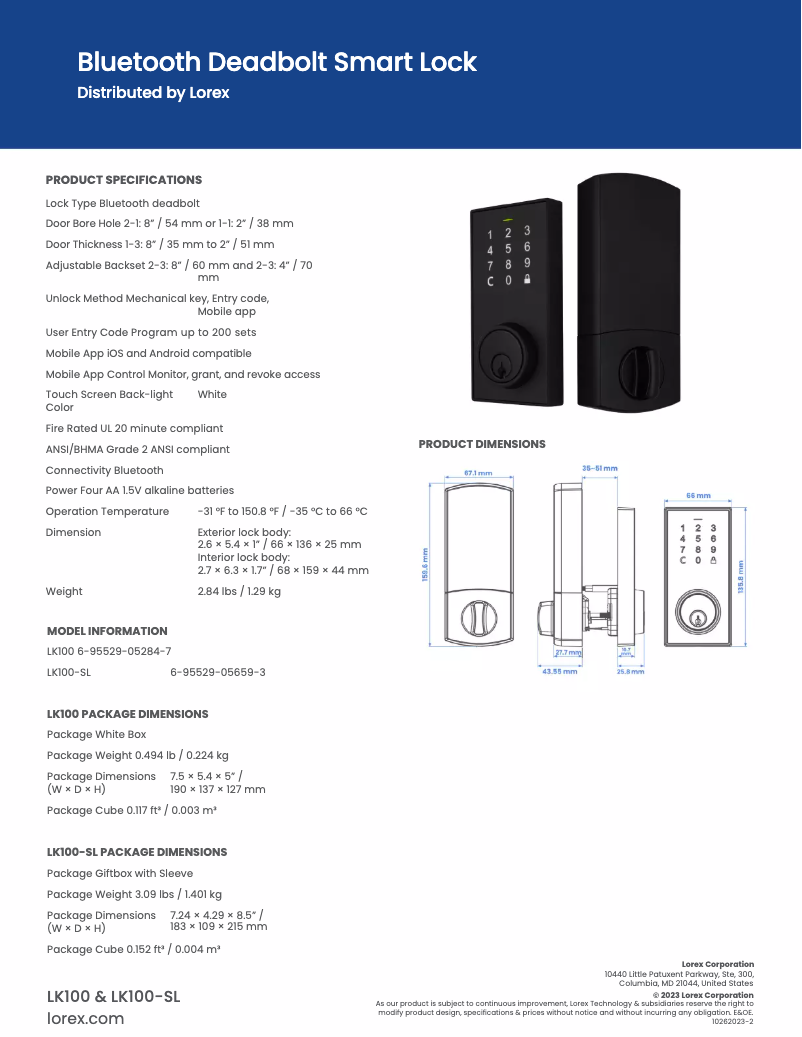 Page 1 de la notice Fiche technique Lorex LK100