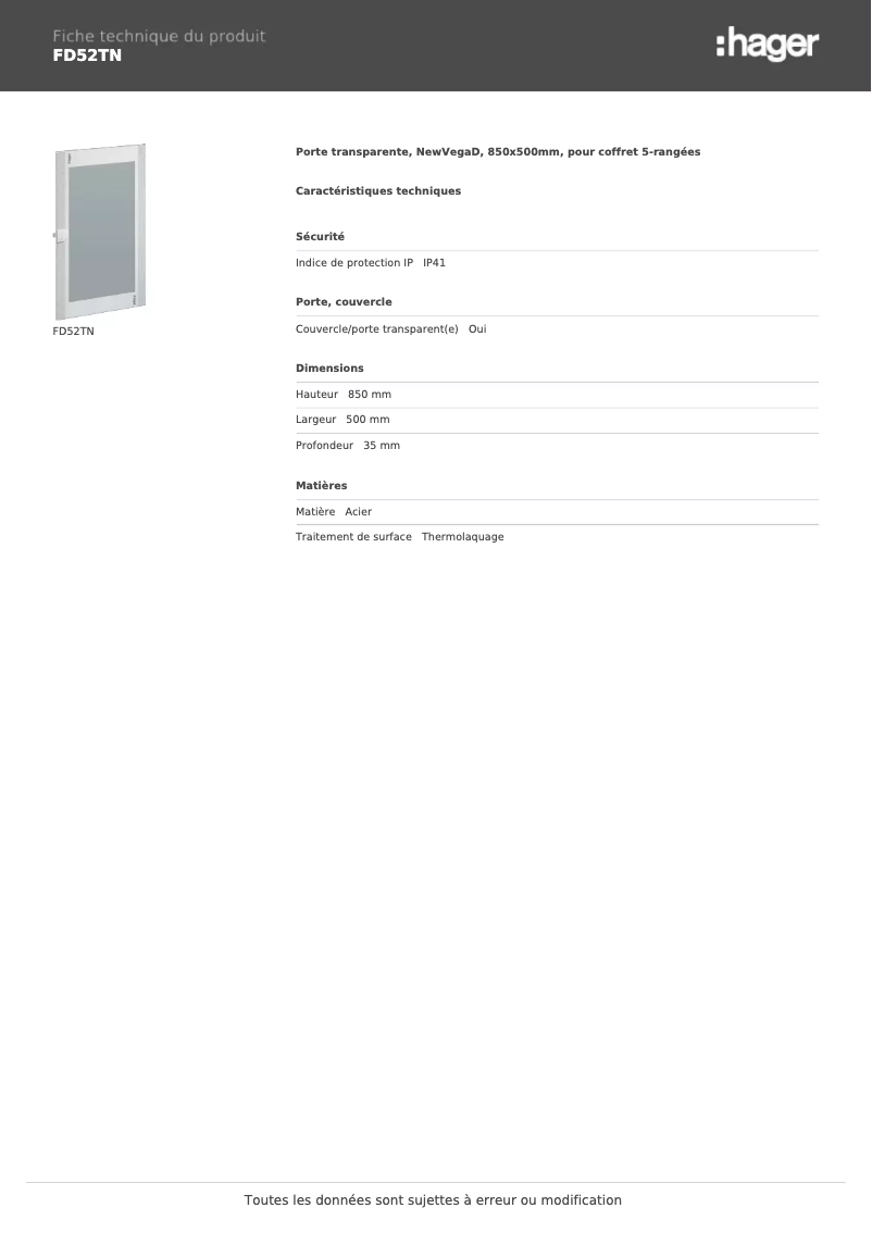 Page 1 de la notice Fiche technique Hager FD52TN