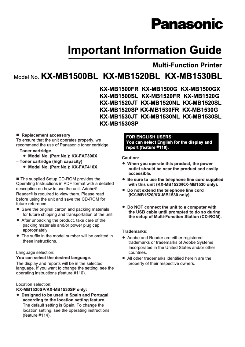 Page 1 de la notice Manuel utilisateur Panasonic KX-MB1500SL