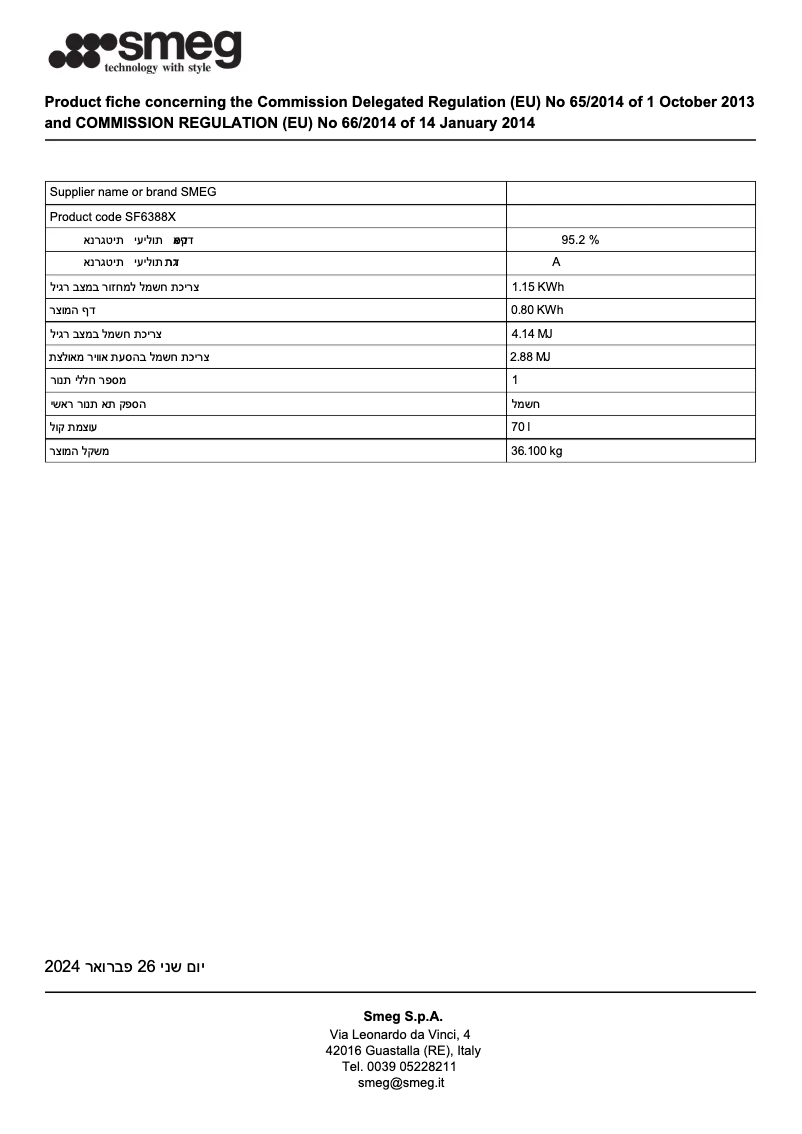 Page 1 de la notice Fiche technique Smeg SF6388X