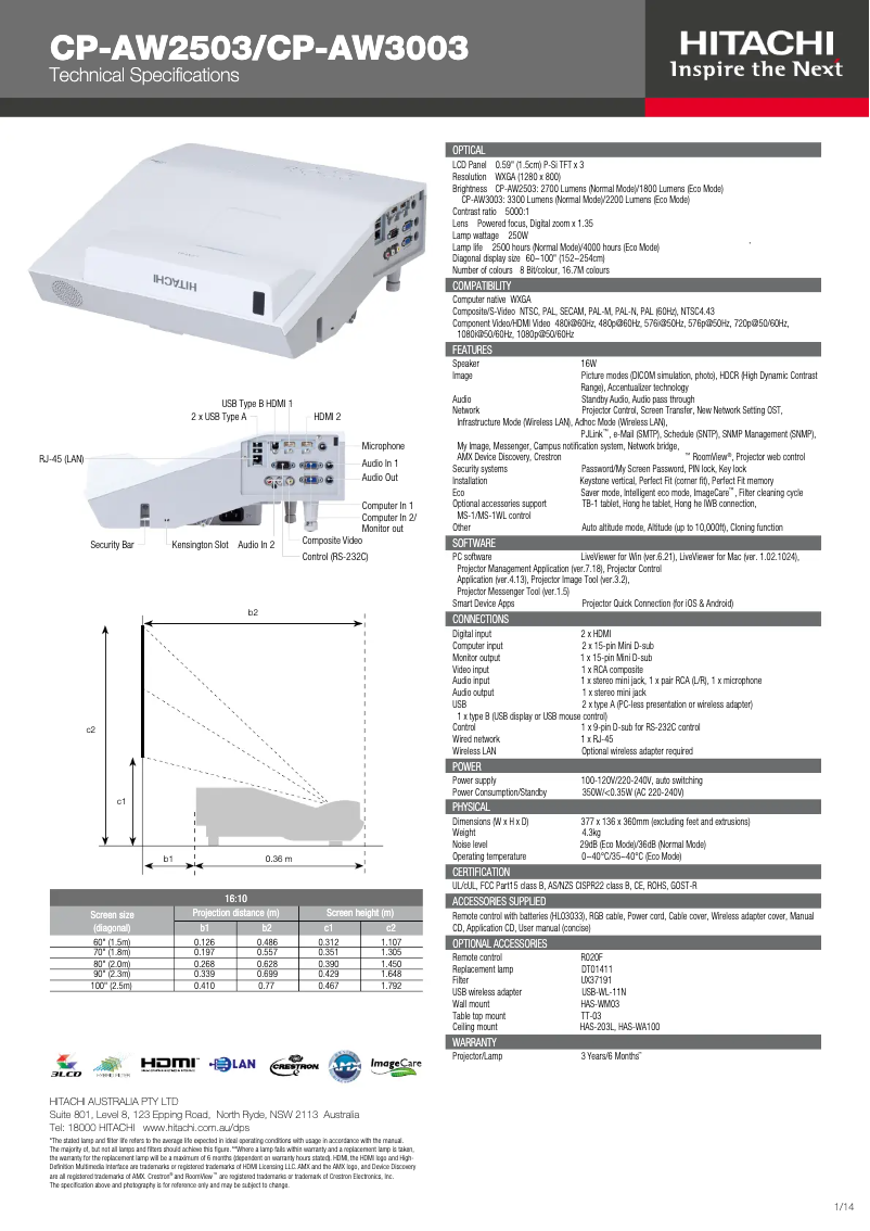 Page 1 de la notice Fiche technique Hitachi CP-AW3003