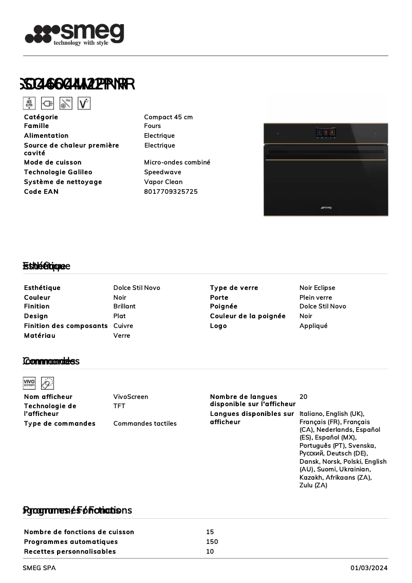 Page n°1 - Fiche technique Smeg SO4604M2PNR
