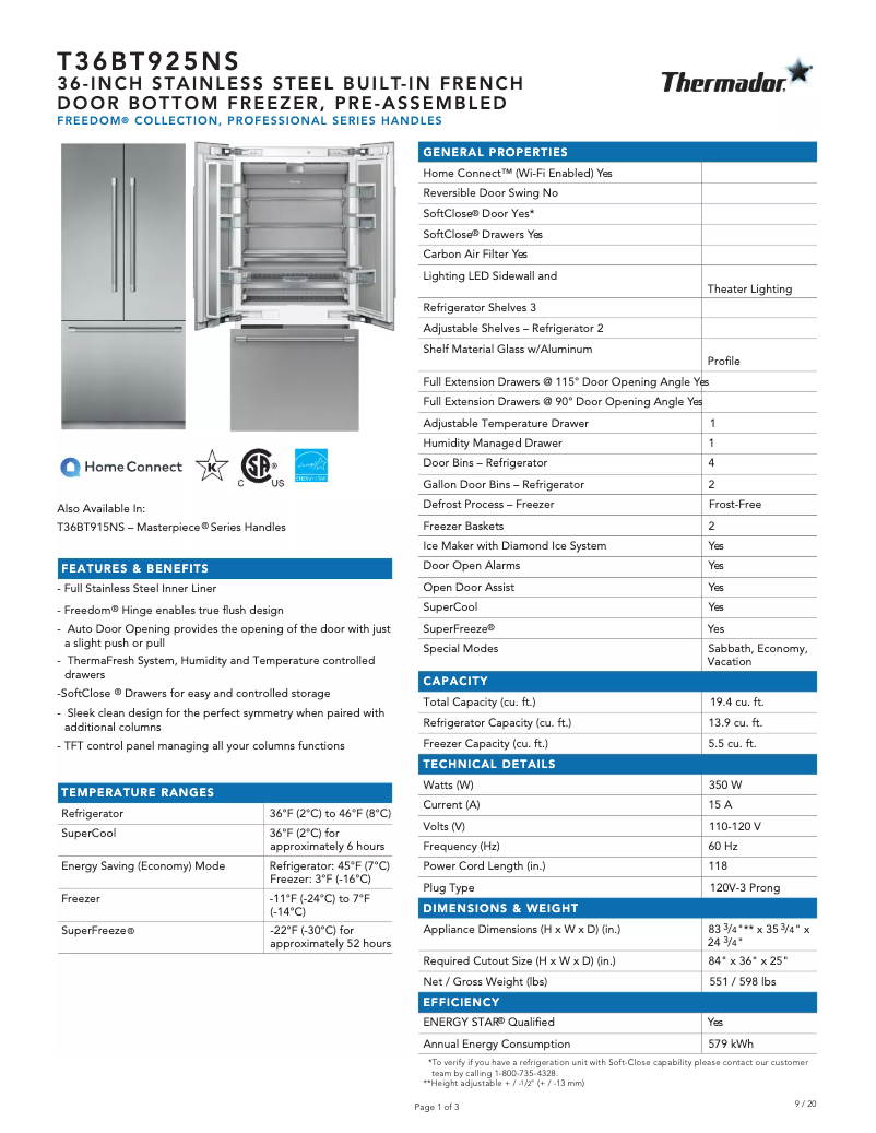 Page n°1 - Fiche technique Thermador T36BT925NS