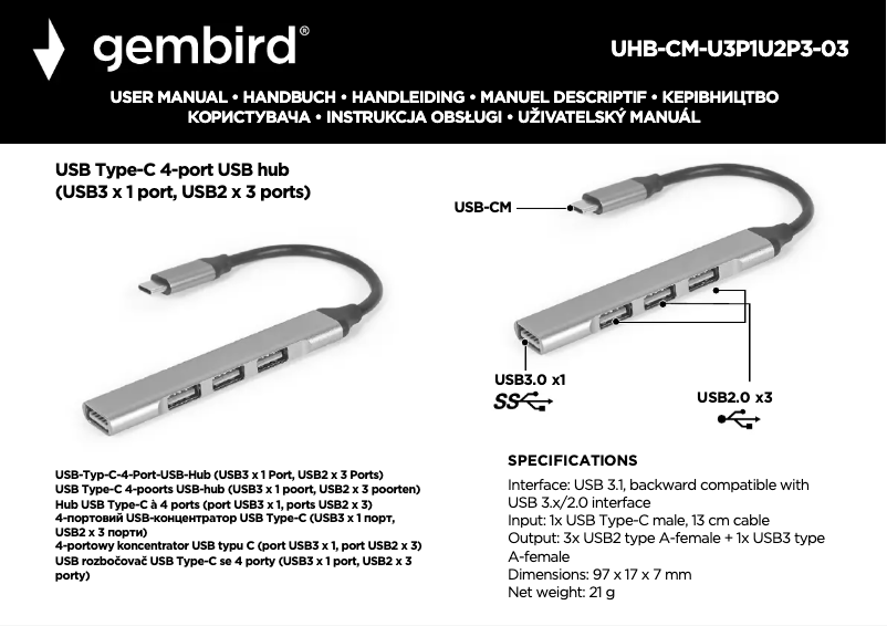 Page n°1 - Manuel utilisateur Gembird UHB-CM-U3P1U2P3-03