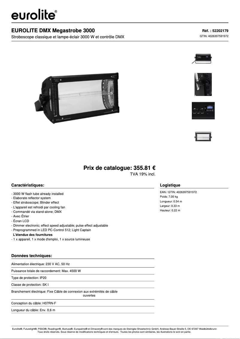 Page 1 de la notice Fiche technique Eurolite DMX Megastrobe 3000