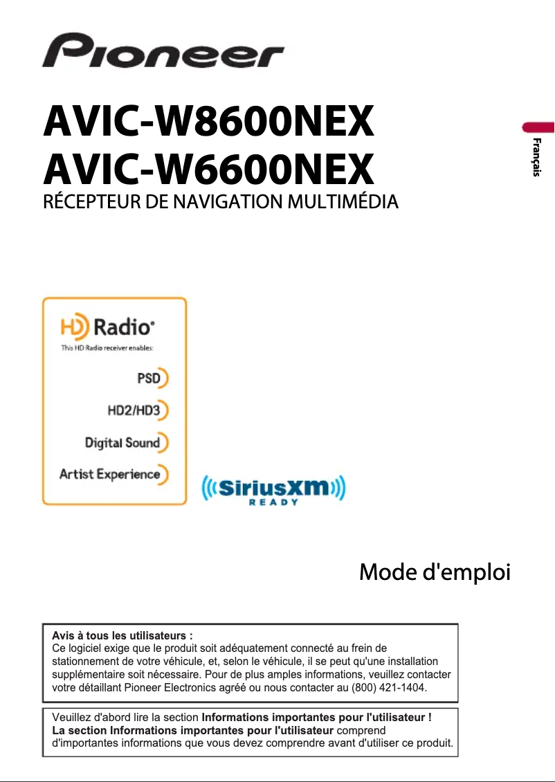 Image de la première page du manuel de l'appareil AVIC-W8600NEX