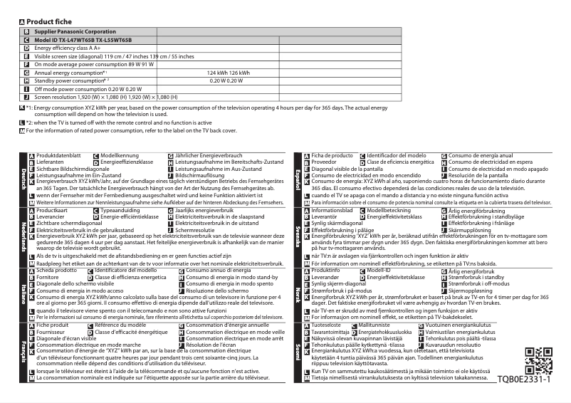 Page 1 of the manual Technical Sheet Panasonic TX-L47WT65B
