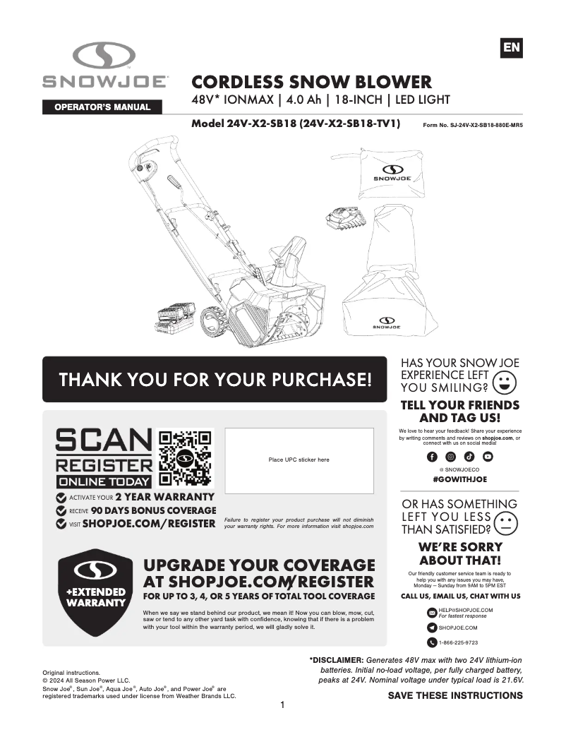 Page 1 de la notice Manuel utilisateur Snow Joe 24V-X2-SB18-TV1