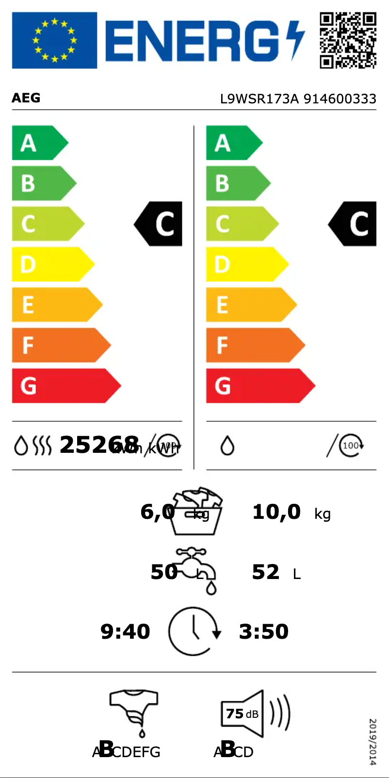 Page 1 de la notice Label énergétique AEG L9WSR173A