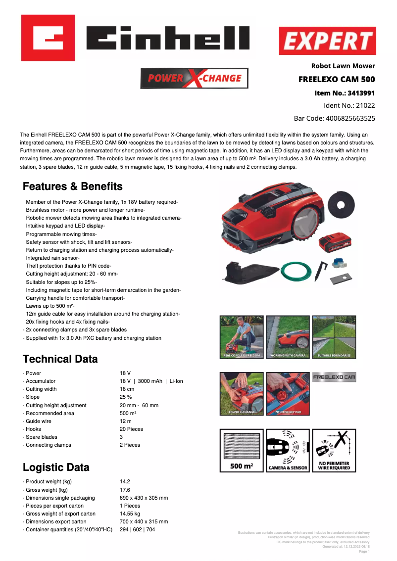 Página 1 del manual Ficha técnica Einhell FREELEXO CAM 500