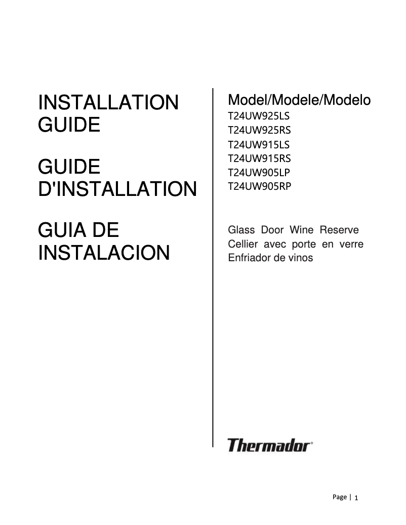 Page n°1 - Guide d'installation Thermador T24UW925LS