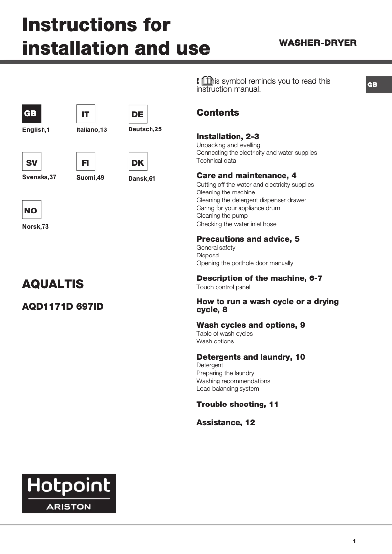Page 1 de la notice Manuel utilisateur Hotpoint Ariston AQD1171D 697ID EU/A