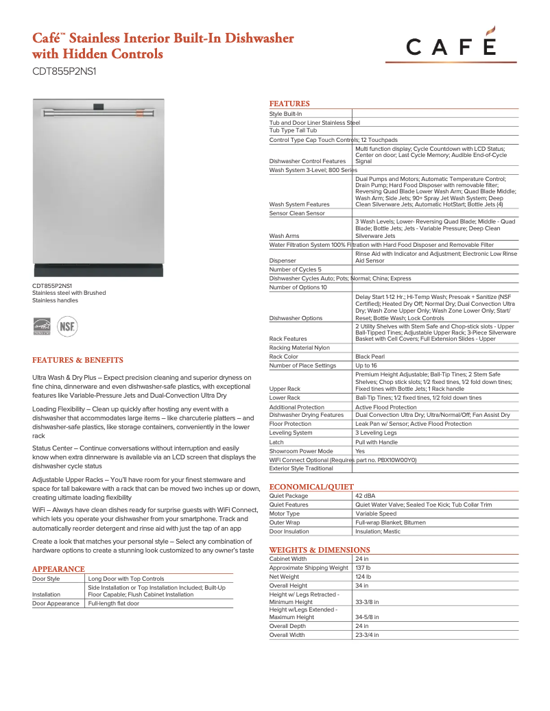 Page 1 de la notice Fiche technique GE CDT855P2NS1