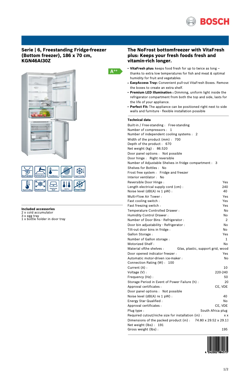 Page 1 de la notice Fiche technique Bosch KGN46AI30Z