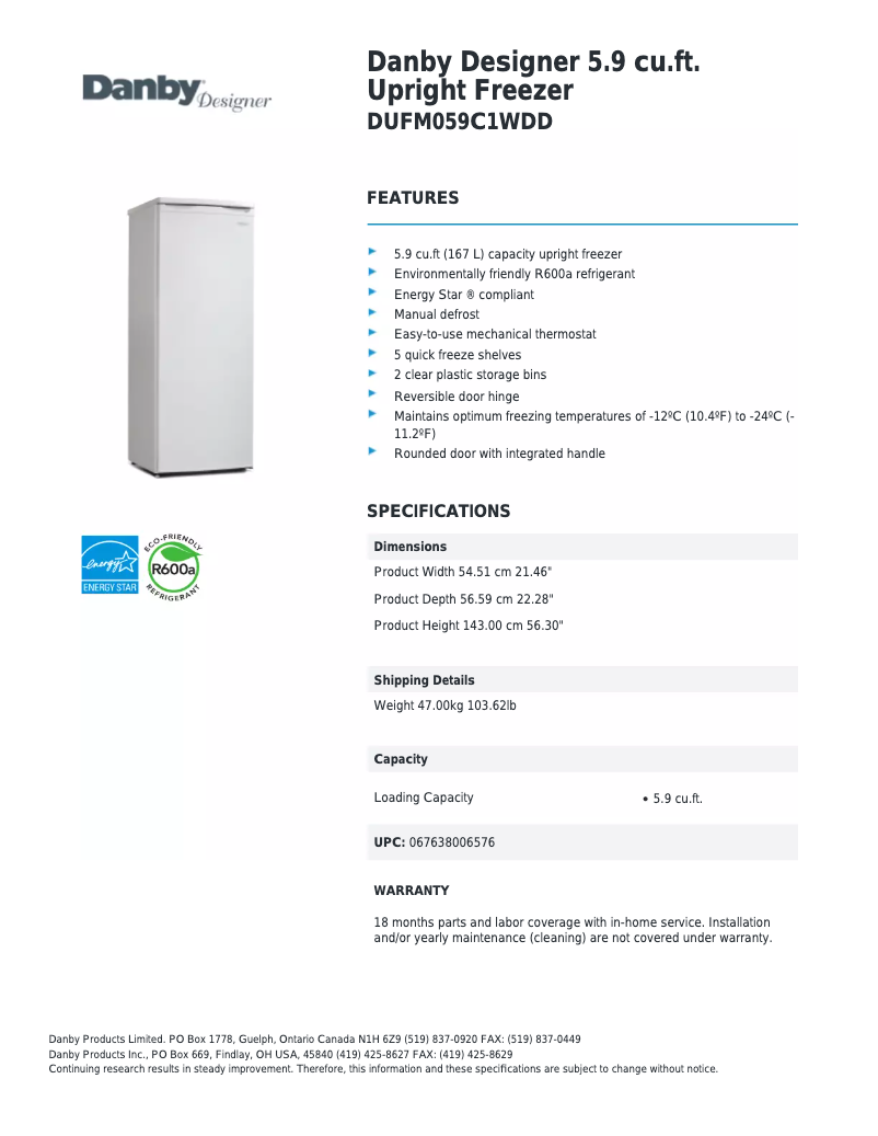 Page 1 de la notice Fiche technique Danby DUFM059C1WDD