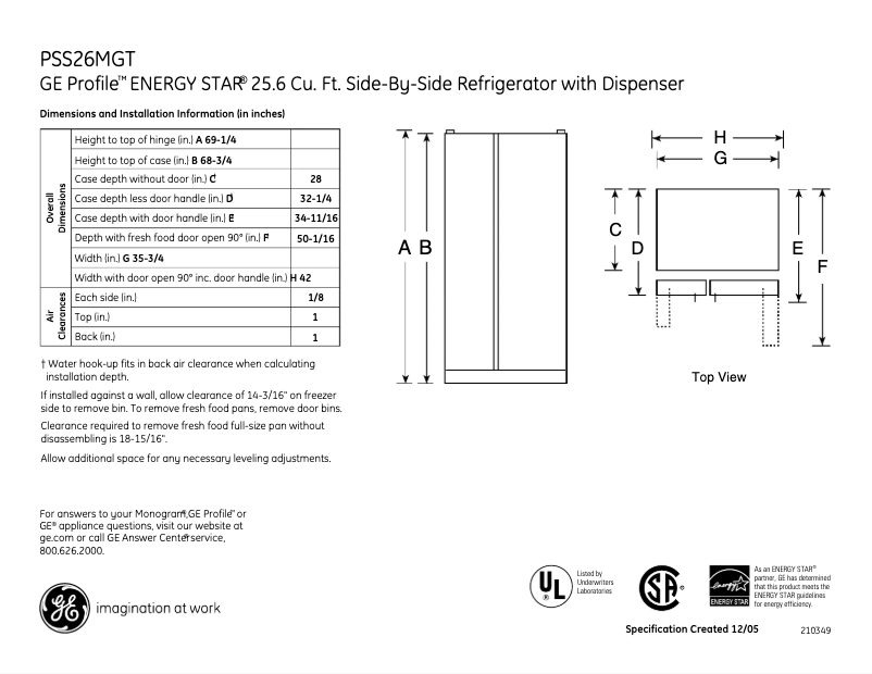 Page 1 de la notice Fiche technique GE Profile PSS26MGTCC